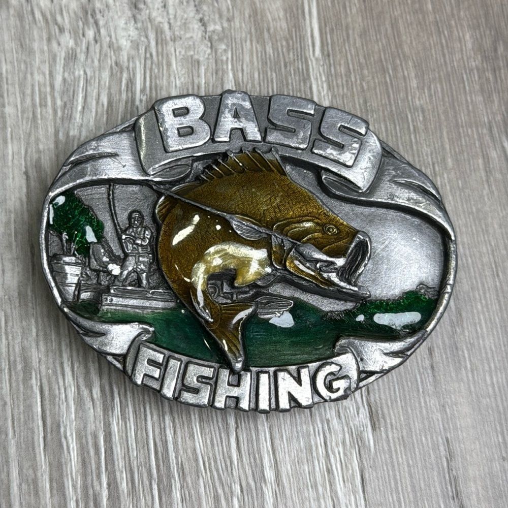 Vintage 1986 Siskiyou brass fishing, silver epoxy belt buckle